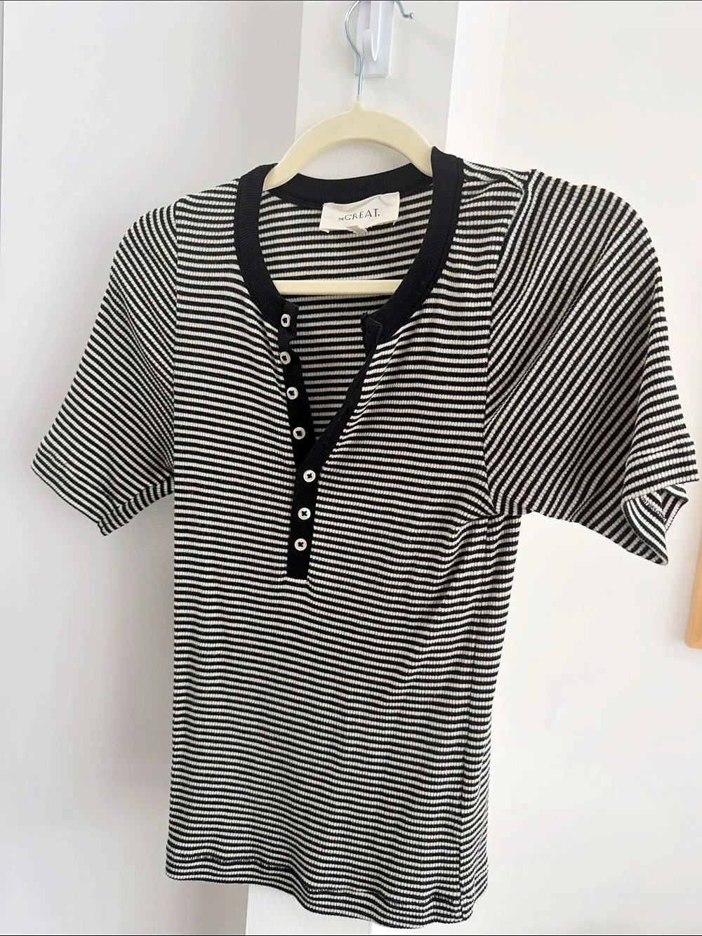 The Great Striped Short Sleeve Top in Navy & White